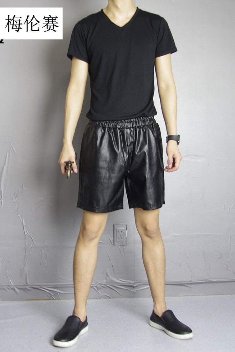Mùa hè đường phố thương hiệu thời trang quần short nam bằng da hộp đêm ca sĩ DJ biểu diễn năm điểm quần da ngôi sao nhảy hip-hop quần đùi