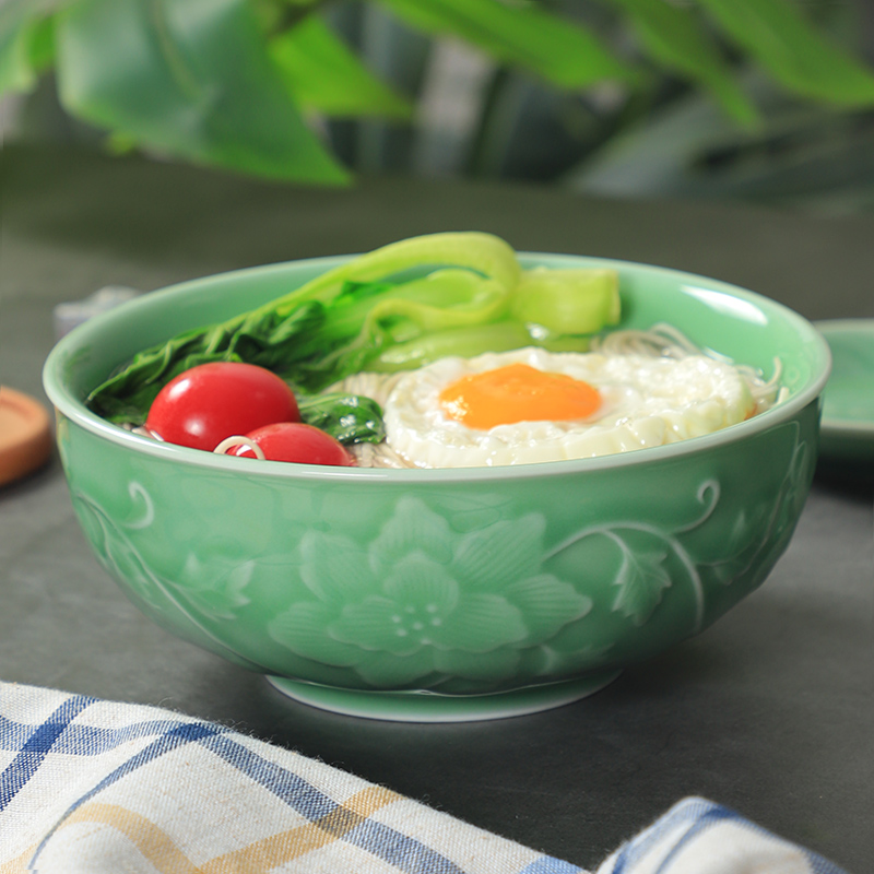 Dragon Springs Green Porcelain Noodle Bowl Home Ceramic Bowl Large 7-inch Tangle Branches Pull Noodles Bowl of Chinese Thickened Soup Bowl