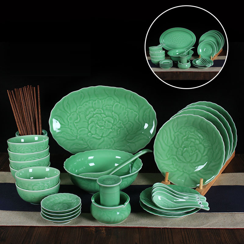 Longquan Ceramic Tableware Set Microwave Ceramic dish dish with peony 22 - 58 head Chinese - style Joe - migration gift