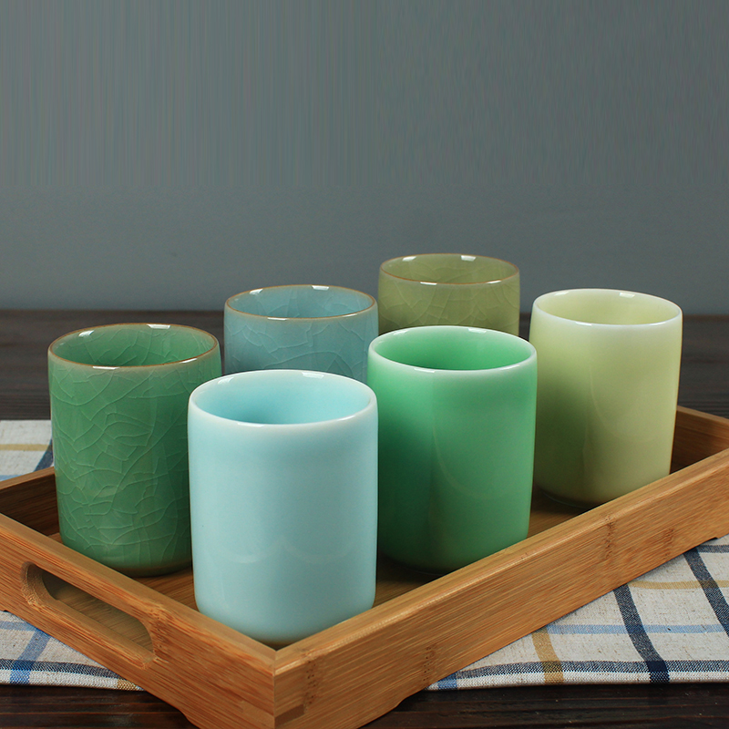 Longquan celadon water cup ceramic cup 250ml six-color straight mouth hospitality tea cup ice cracked milk coffee cup