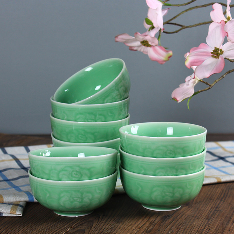 Ceramic bowl 10 packs Longquan celadon household bowl environmental protection tableware rice bowl 4 5 inch rose peony lotus bowl