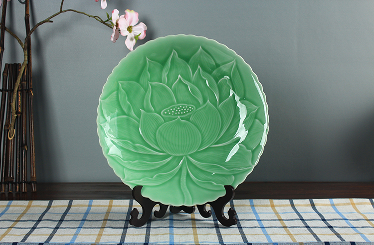 Longquan celadon sen tấm lớn đĩa 6-12 inch gốm tấm gia dụng bộ đồ ăn khách sạn đặt bàn trái cây - Đồ ăn tối dĩa inox