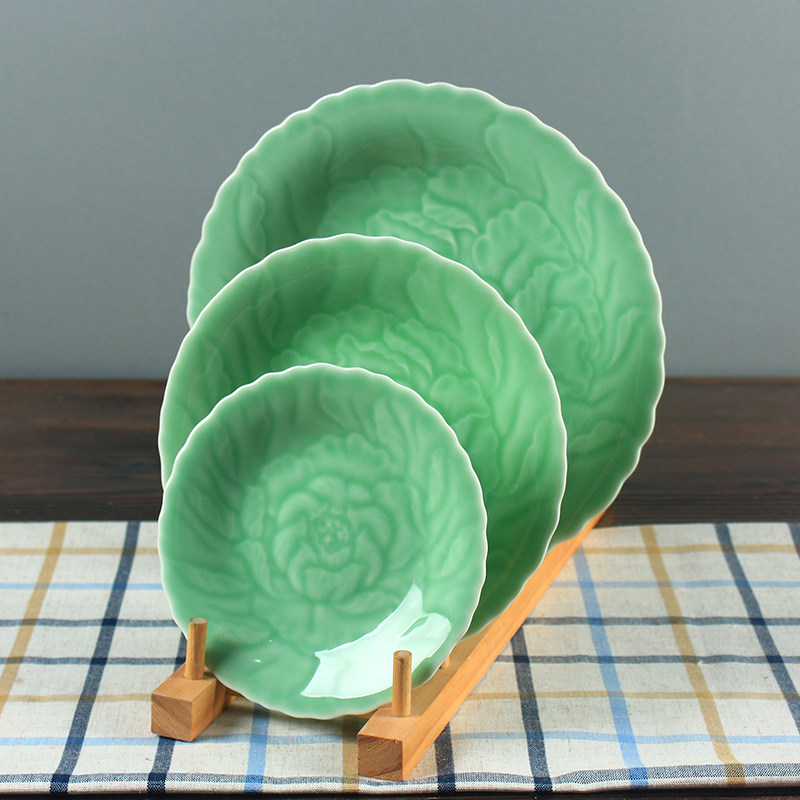 Creative household ceramic tableware Longquan Ceramic 8 inch Peony plate microwave plate plate set up a bone disk