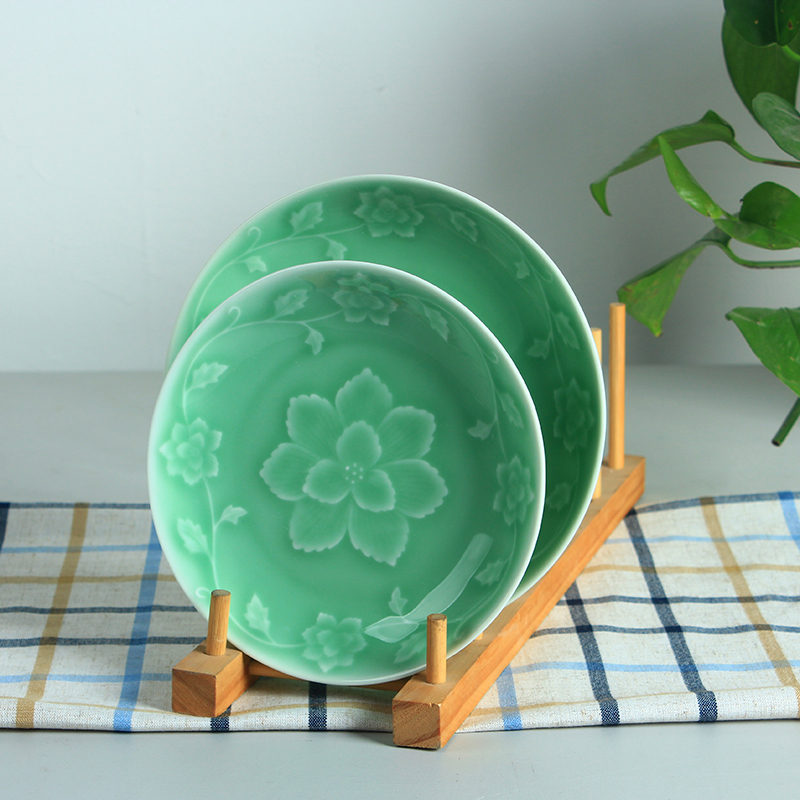 New Products Dragon Springs Green Porcelain Dishes Home ceramic plates 7 8 inch Tangle Branches Peony Relief Deep Pan Broth Bone Disc