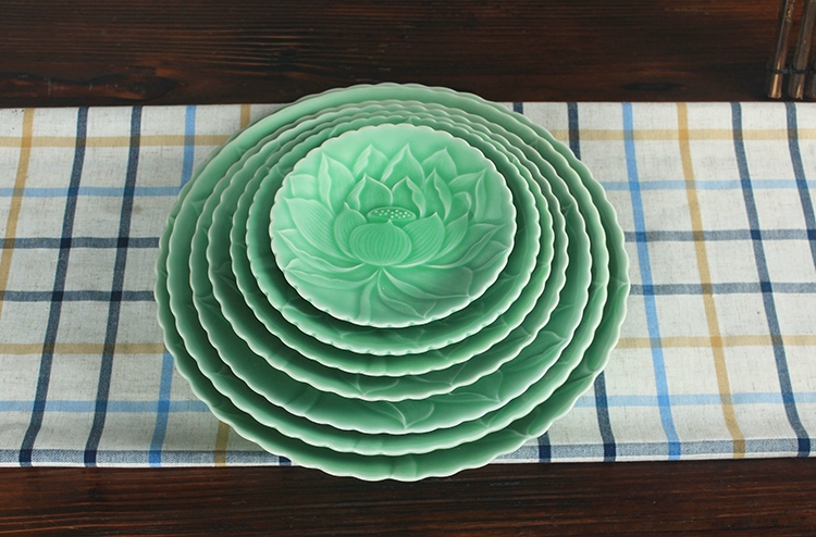 Longquan celadon sen tấm lớn đĩa 6-12 inch gốm tấm gia dụng bộ đồ ăn khách sạn đặt bàn trái cây - Đồ ăn tối dĩa nhỏ