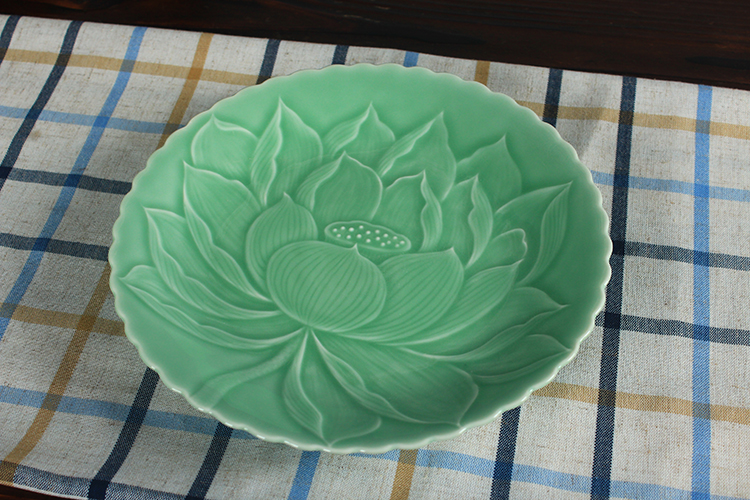 Longquan celadon sen tấm lớn đĩa 6-12 inch gốm tấm gia dụng bộ đồ ăn khách sạn đặt bàn trái cây - Đồ ăn tối dĩa inox