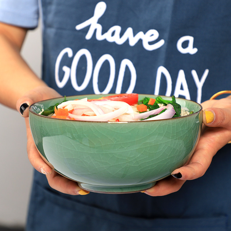 Ceramic noodle bowl household large Chinese ramen bowl Longquan celadon kiln ice crack instant noodle bowl creative salad bowl