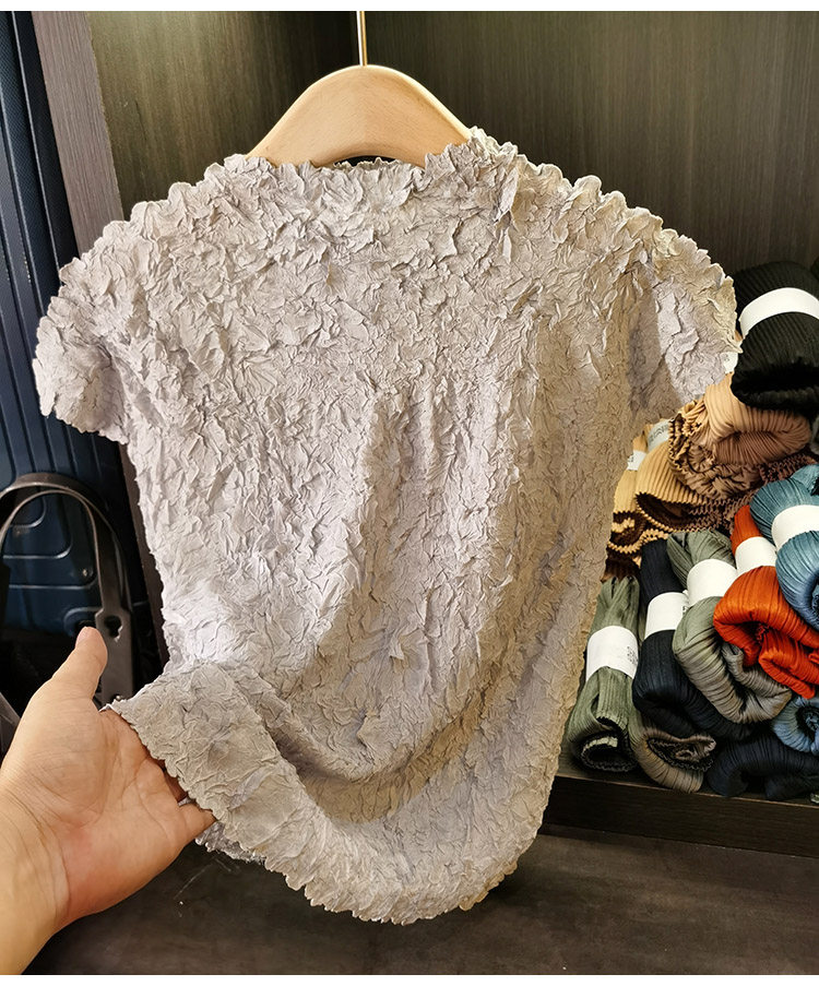 Áo thun ngắn tay cổ đứng xếp ly phong cách Nhật Bản dành cho nữ — Tím hoa cà, Màu đen, Màu hồng, Màu xanh đậm chi tiết 8