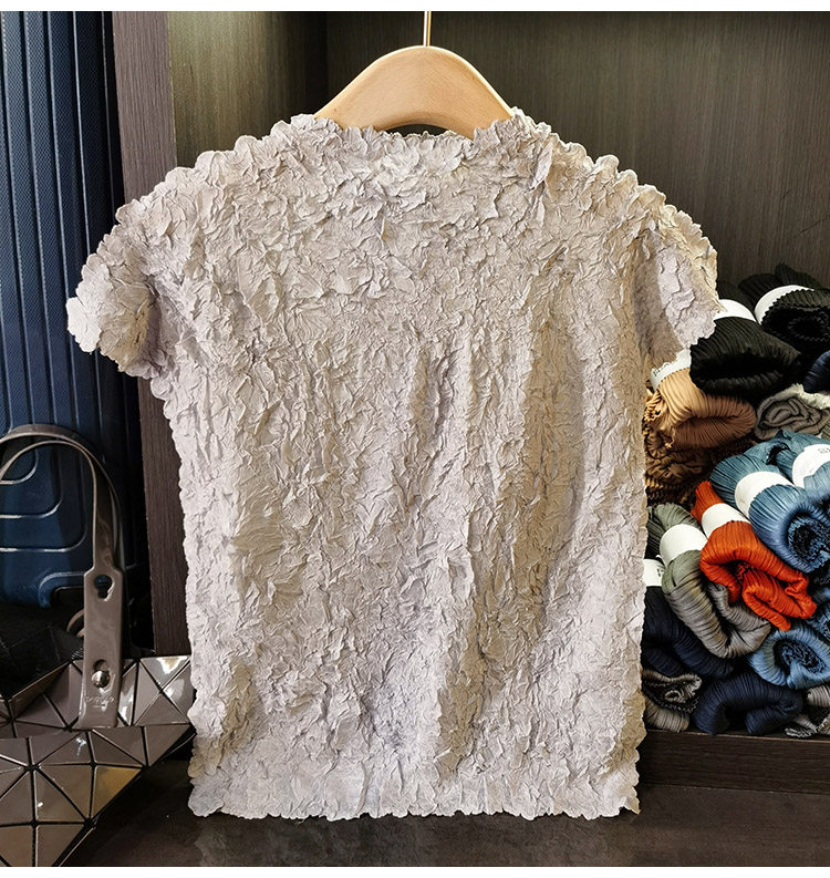 Áo thun ngắn tay cổ đứng xếp ly phong cách Nhật Bản dành cho nữ — Tím hoa cà, Màu đen, Màu hồng, Màu xanh đậm chi tiết 9