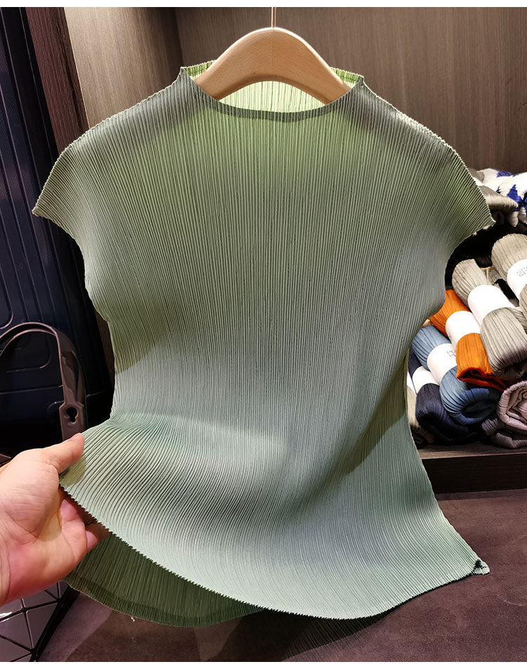 Áo thun nữ cổ đứng xếp li tay ngắn dáng ôm nhẹ mùa hè — Đỏ rượu, Đỏ cam, Màu xanh lam, Xám nhạt chi tiết 21