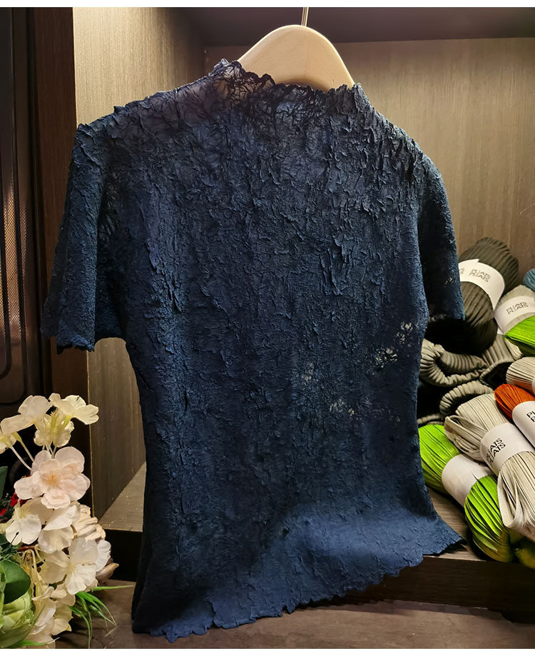 Áo thun tay ngắn cổ đứng thiết kế nhún tay nhẹ nhàng phong cách trẻ trung — Màu đỏ rượu, Vàng nghệ, Màu xanh navy, Màu hồng chi tiết 14