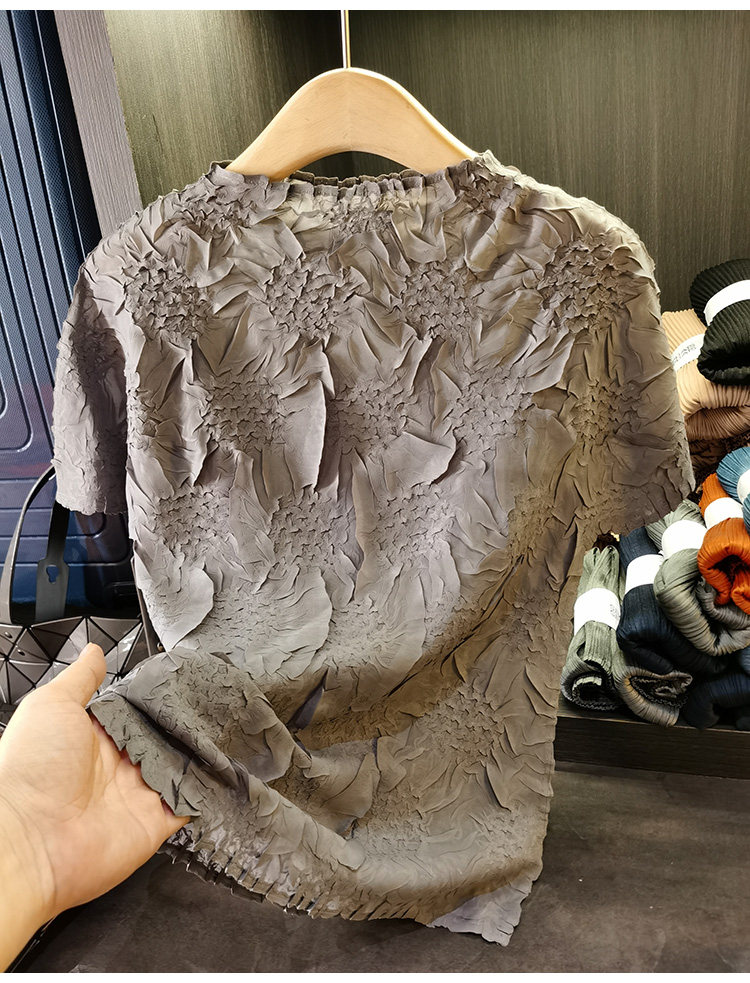 Áo thun nữ cổ đứng xếp ly thêu hoa thủ công mỏng nhẹ mùa hè — Màu đen, Màu hồng, Màu xám, Màu mơ chi tiết 25