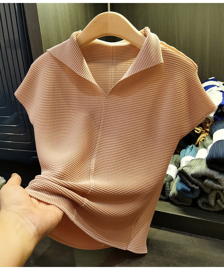 Áo thun cổ chữ V xếp ly dáng ôm thanh lịch nữ — Màu xanh lam nhạt, Màu xanh lục, Màu đen, Màu cam chi tiết 30