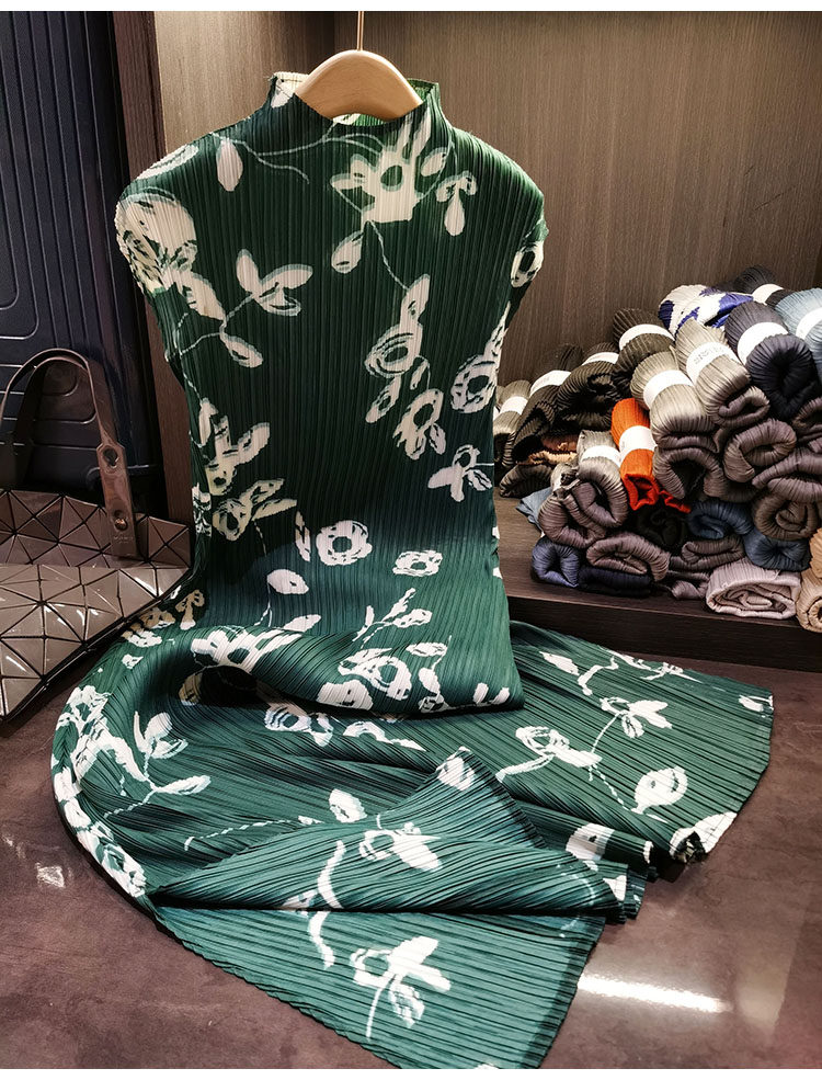 Đầm maxi nữ cổ đứng tay ngắn in họa tiết xếp ly xẻ tà — Màu đen, Màu xanh lá, Màu mơ chi tiết 13