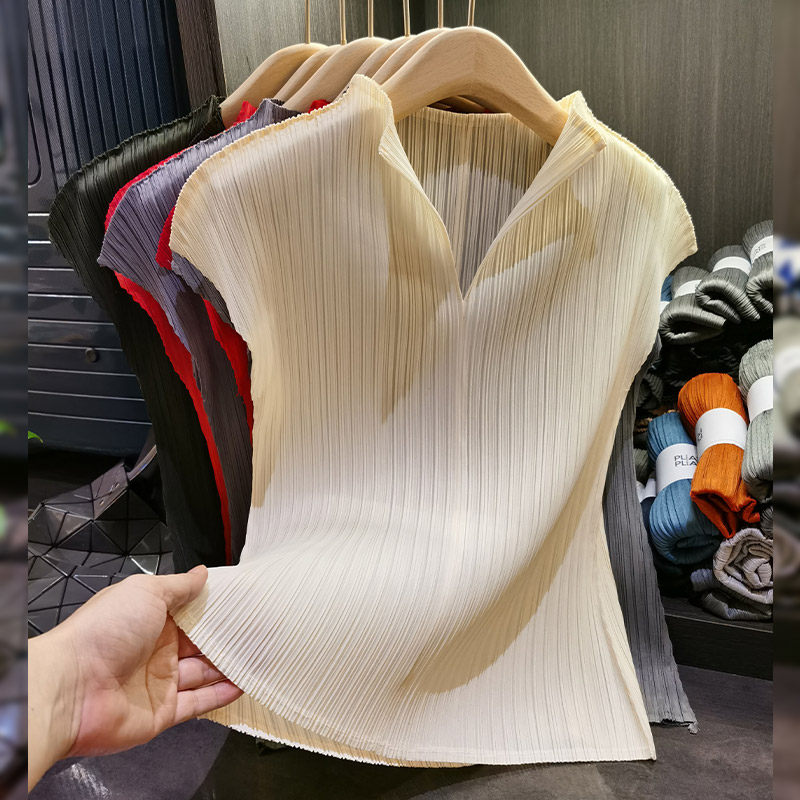 Áo thun cổ chữ V xếp ly tay ngắn ôm dáng phong cách Nhật — Xám nhạt, Đỏ hoa hồng, Xanh mực, Màu xám chi tiết 1