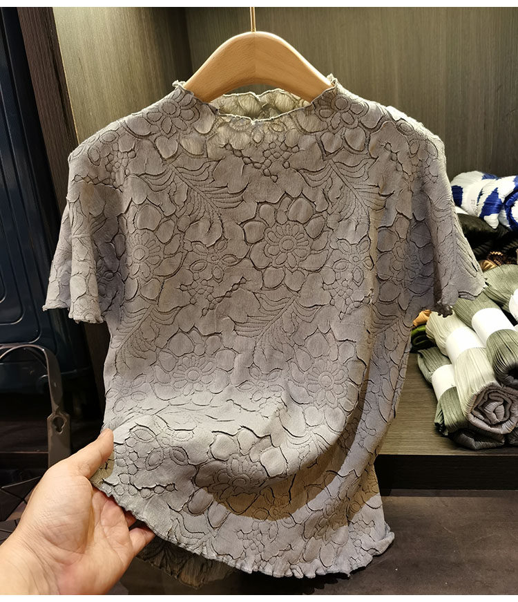 Áo thun nữ cổ đứng họa tiết hoa sen nổi 3D mặc hai mặt — Màu đen, Màu trắng be, Màu hồng, Màu xanh đậm chi tiết 31