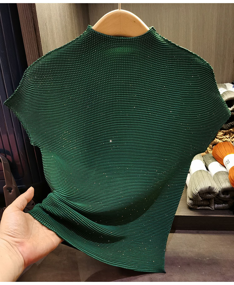Áo phông nữ cổ đứng nhỏ xếp ly hạt ngô, chất liệu co giãn thoáng khí mùa hè — Xanh lam nhạt, Đỏ rượu, Màu cam, Màu xám khói chi tiết 22