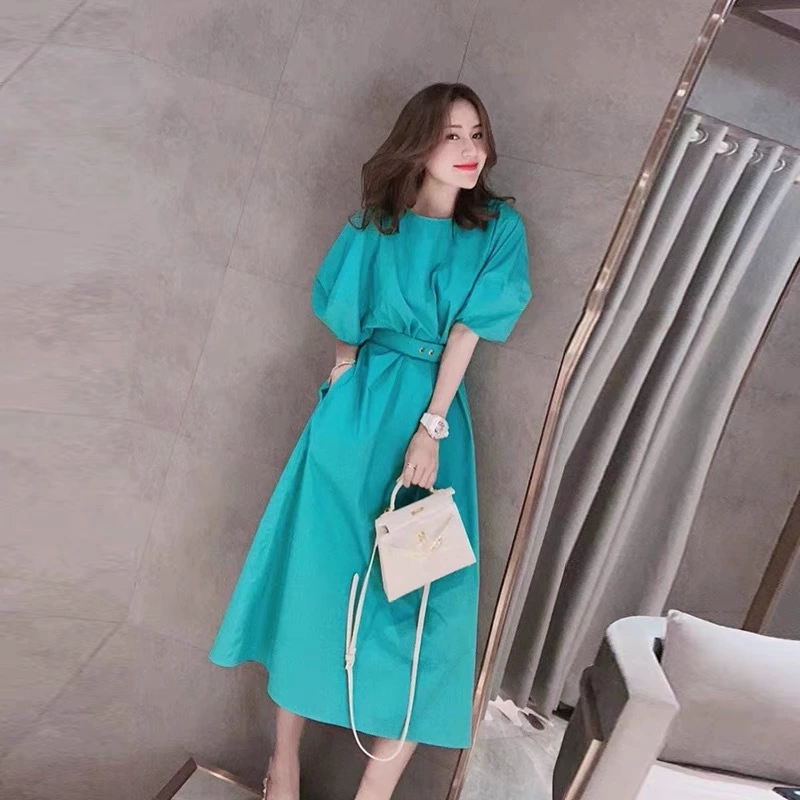 Peacock Blue Round Neck Puff Sleeve Dress for Women 2026 Summer New Thin French Platycodon Waist-Cinching Mid-Length Dress Peacock Blue Round Neck Puff Sleeve Dress for Women 2026 Summer New Thin French Platycodon Waist-Cinching Mid-Length Dress
