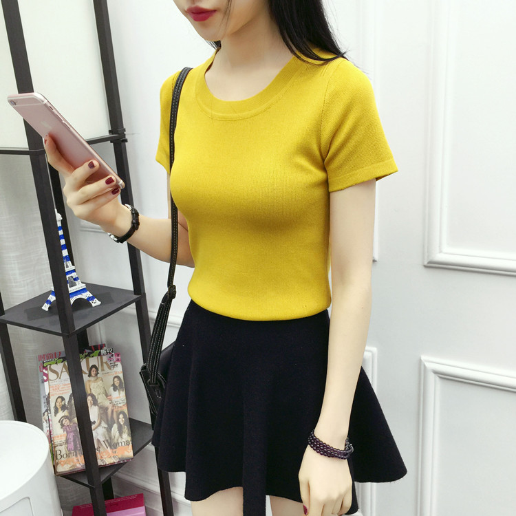 Áo lụa mùa hè mới màu rắn cổ tròn áo thun ngắn tay nữ Slim đan hàng đầu Hàn Quốc sinh viên hoang dã áo form rộng nữ