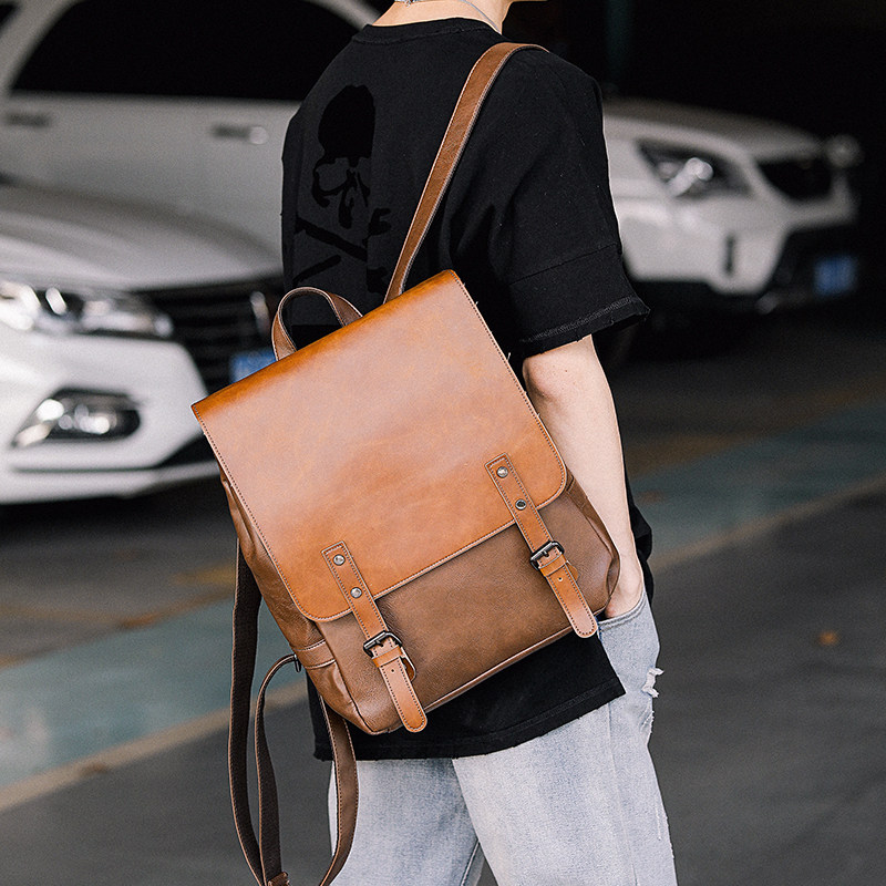 European station men's leather backpack street college student schoolbag retro horse leather large-capacity leisure travel bag