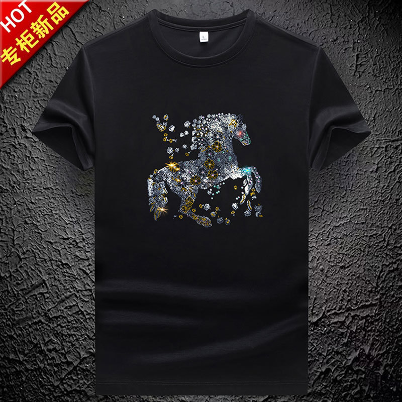 Luxury H Brand Men's Antibacterial Short Sleeve T-Shirt Trendy European Style Men's Clothing Rhinestone Ice Silk High-End Top