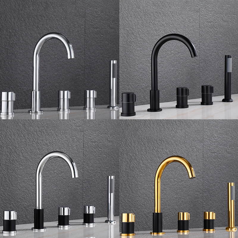 All-Copper Seated Side-Mounted Nordic Bathtub Faucet, Hot and Cold Split Five-Piece Set, Gooseneck Five-Hole Triple Showerhead