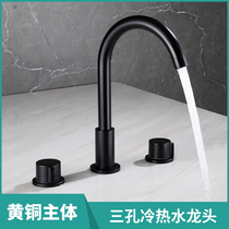 Modern bathroom triple hole tap hot and cold full copper surface basin triptych washbasin black three sets of tap