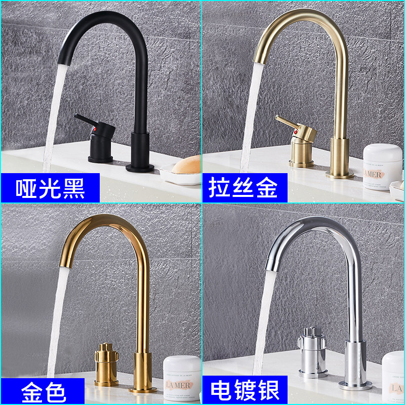 All-copper double-hole two-piece push-button thermostatic faucet brushed gold heightened revolving basin kitchen basin faucet