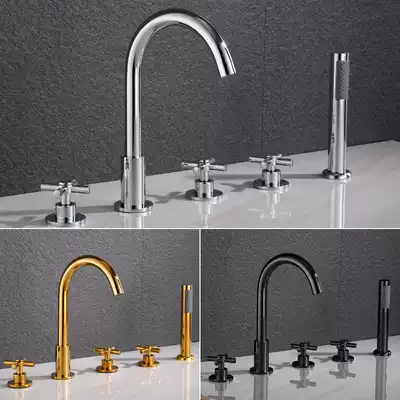 Household all copper hot and cold two-piece sitting side bathtub faucet five-piece gooseneck five-hole triple shower
