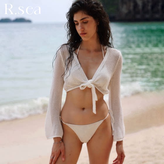 Rsea white hollow knitted cardigan beach vacation beach sun protection bikini swimsuit blouse new style
