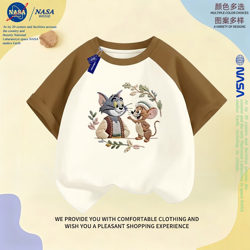 Nasa Co-Branded Embroidered Tom and Jerry Round Neck Short-Sleeved T-Shirt for Kidsren, Pure Cotton Tom and Jerry Color-Blocked Top for Summer Nasa Co-Branded Embroidered Tom and Jerry Round Neck Short-Sleeved T-Shirt for Kidsren, Pure Cotton Tom and Jerry Color-Blocked Top for Summer