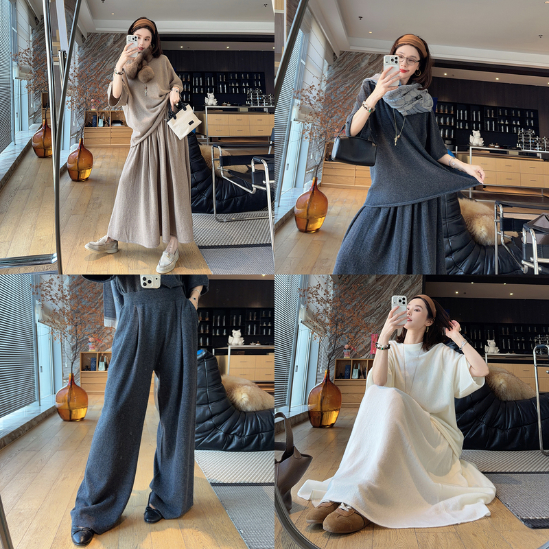 Mandy's Mom All-In-One Set: All-Cashmere Round Neck Three-Quarter Sleeve Versatile Pleated Skirt Wide-Leg Pants Long Pants for Women in Autumn Mandy's Mom All-In-One Set: All-Cashmere Round Neck Three-Quarter Sleeve Versatile Pleated Skirt Wide-Leg Pants Long Pants for Women in Autumn
