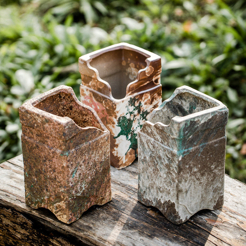 (Bunyon Champs) Retro Bin Imagery Old Pile Multi-Meat Plant Flowerpots High Square Notch Cliff Pile Ceramic Basin Breathable