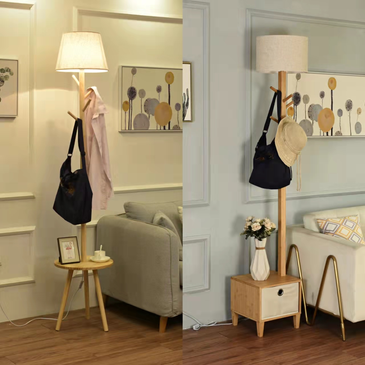 Japanese-style landing lamp North Oil in air bedroom tea couch living room solid wood hanging coat rack vertical table lamp