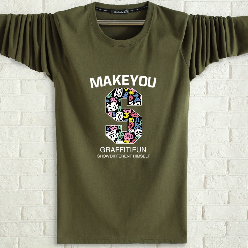 Áo thun nam tay dài mùa thu cotton cổ tròn chất béo XL XL áo sơ mi từ bi mới áo sơ mi nam mùa thu