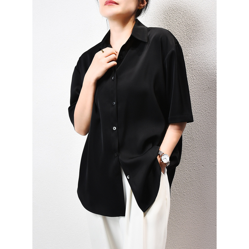 Oversize Version Loose High-End Anti-Wrinkle Large Size Short-Sleeved Top Imitation Acetate Satin Shirt Women's Fashionable Style