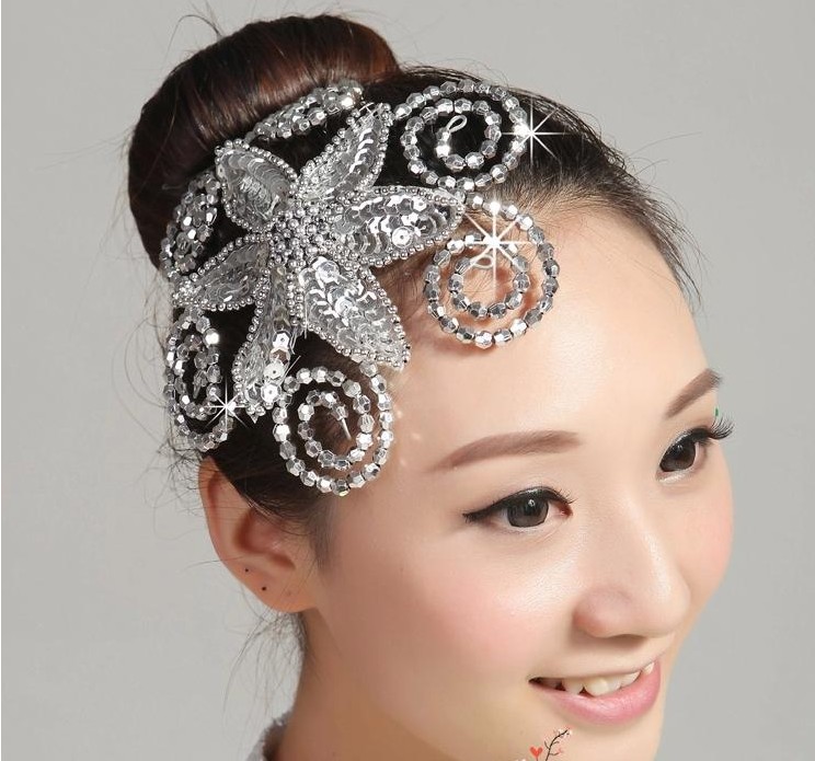 New aerobics square dance headdress competition Dance gymnastics Cheerleading headdress Adult children's performance Silver