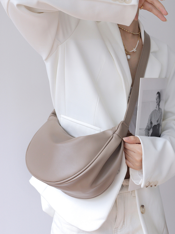 Korean LAOSHU Soft Leather Saddle Bag Crossbody Half-Moon Bag Women's Retro Airy Versatile Small Round Bag Women