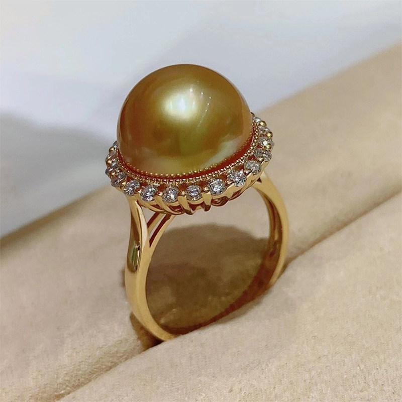 Nanyang pearl ring natural thick gold sea water golden beads female perfect round immaculate 18K gold inlaid Diamond niche design fashion