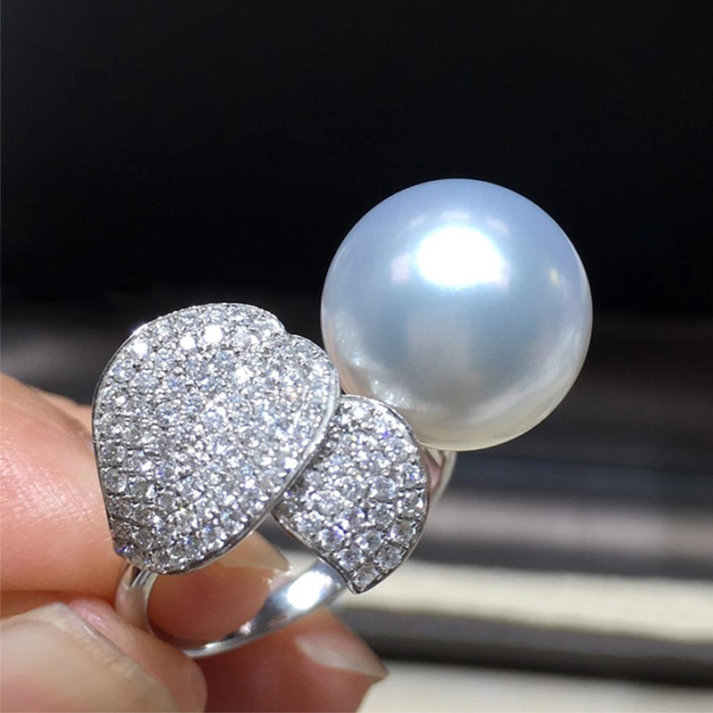 12-13mm cold light Aussie white pearl ring 18K gold diamond seawater pearl ring positive round no time