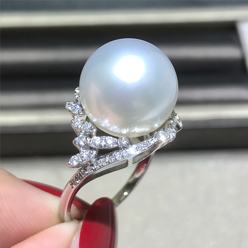 13mm Cold Light Australia White Pearl Ring Nanyang White Pearl Ring Half Carat Diamond Heavy Gold King Set Luxury and Noble