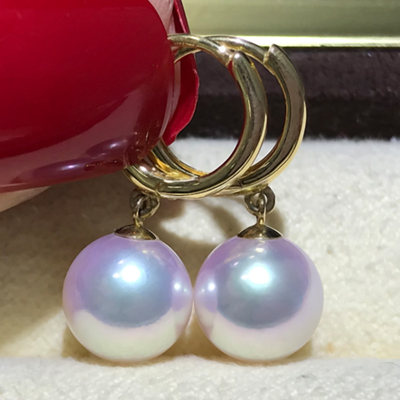 Japanese female Japanese akoya natural seawater pearl earrings earrings 18K gold positive round bright white transparent pink earrings
