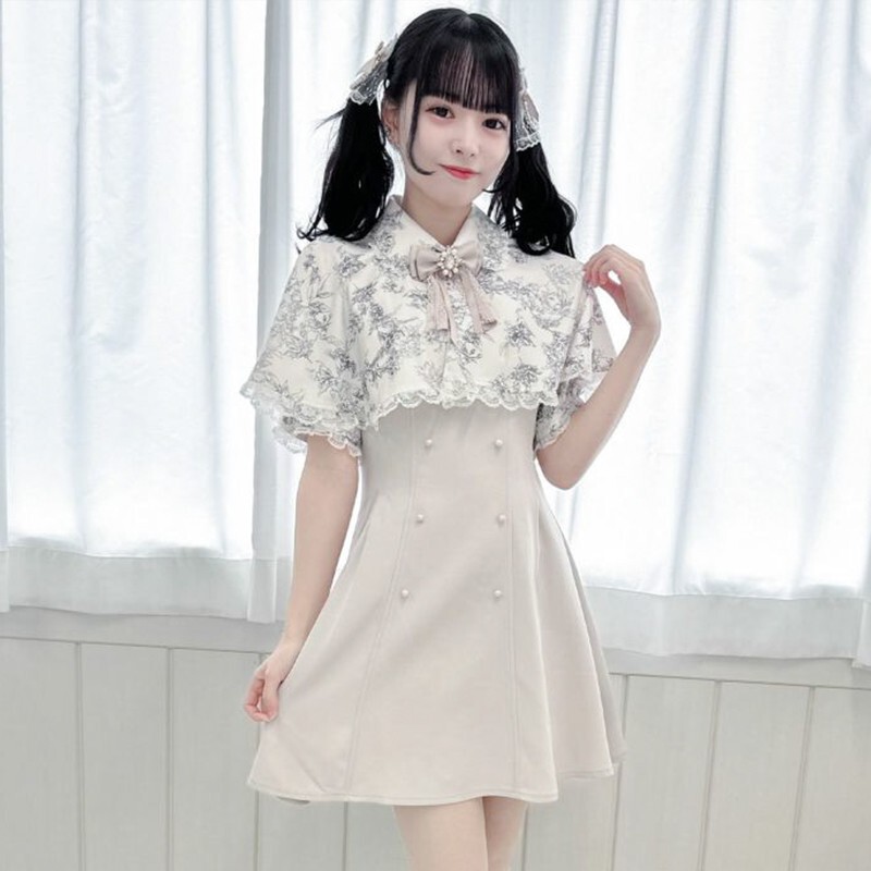 Half-Sweet Japanese Style Rojita Printed Cape Detachable Two-Piece Set Short-Sleeved Double-Breasted Clear Style Dress for Women