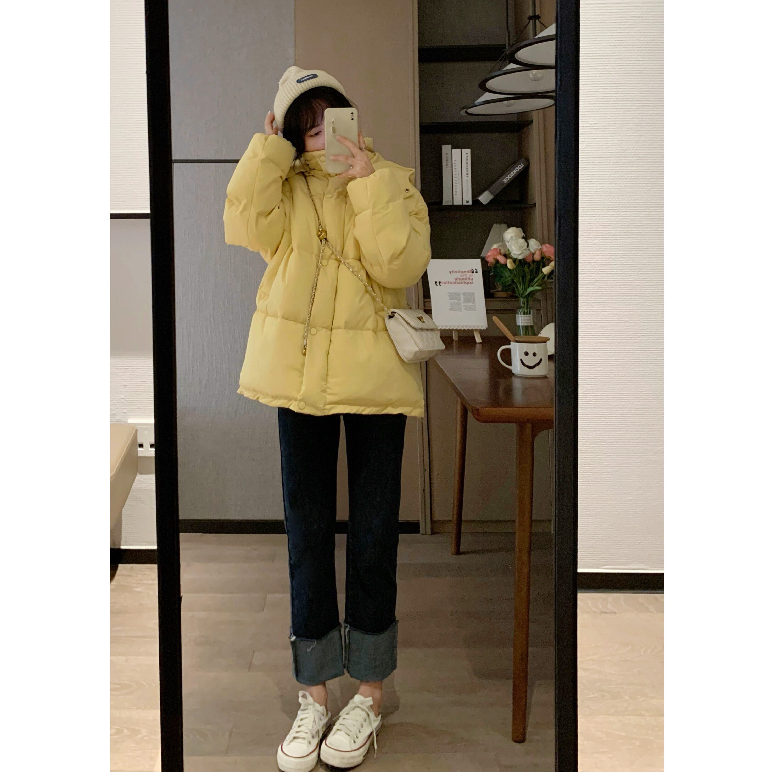 Xiaoyou MONA changed its name to ms sweet end winter new cream yellow hooded loose and thin down jacket women's jacket