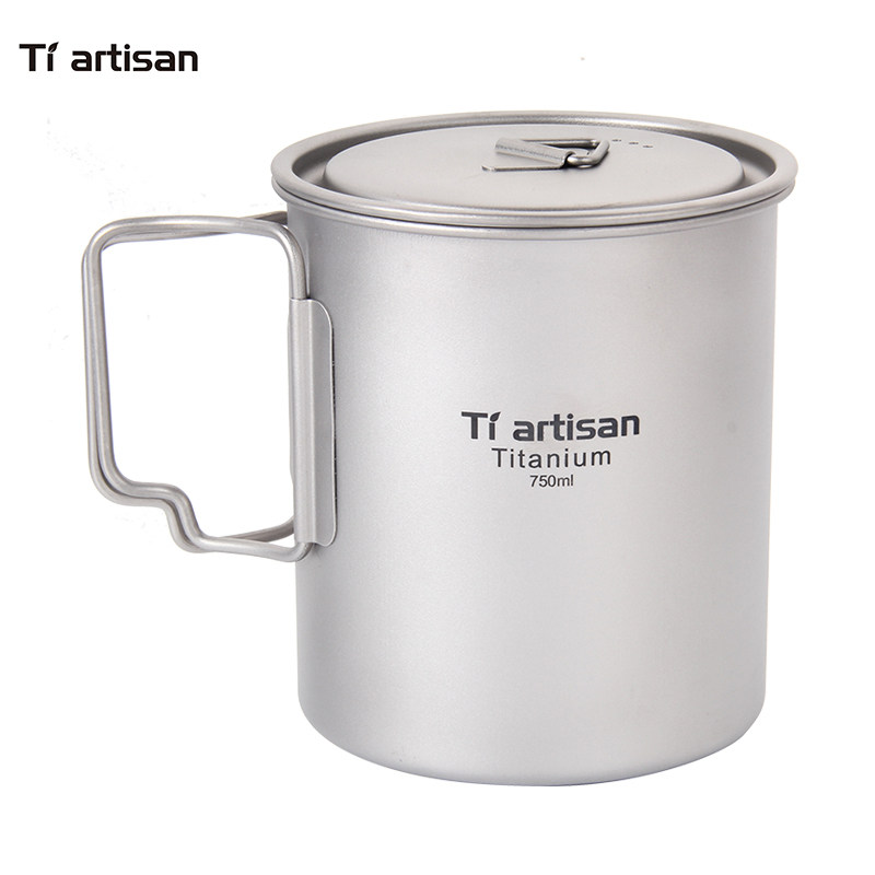 Titanium Craftsman Outdoor Pure Titanium Coffee Cup Folding Handle 750ml Large Capacity Portable Travel Mug with Lid TA8315
