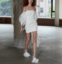 One-shoulder light wedding dress French simple high-end touch door veil small person short birthday light dress
