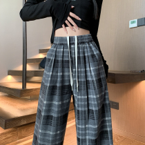 175 Tall Drapey Plaid Pants Womens Spring and Autumn Extra Long Drawstring Retro Wide Leg Pants Elastic Waist Straight Leg Pants