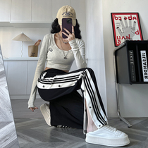 Black wide-leg pants for women American-style high-waisted narrow-breasted sweatpants high-street casual slim trousers for small people