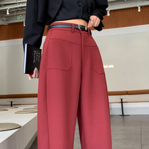 Red Japanese wide-legged yuppie pants for women in autumn new high-waist slim drape nine-point harem banana sickle pants