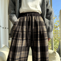 Velvet narrow version retro black wide leg pants for women autumn and winter high waist drape loose plaid pants straight casual floor mopping pants